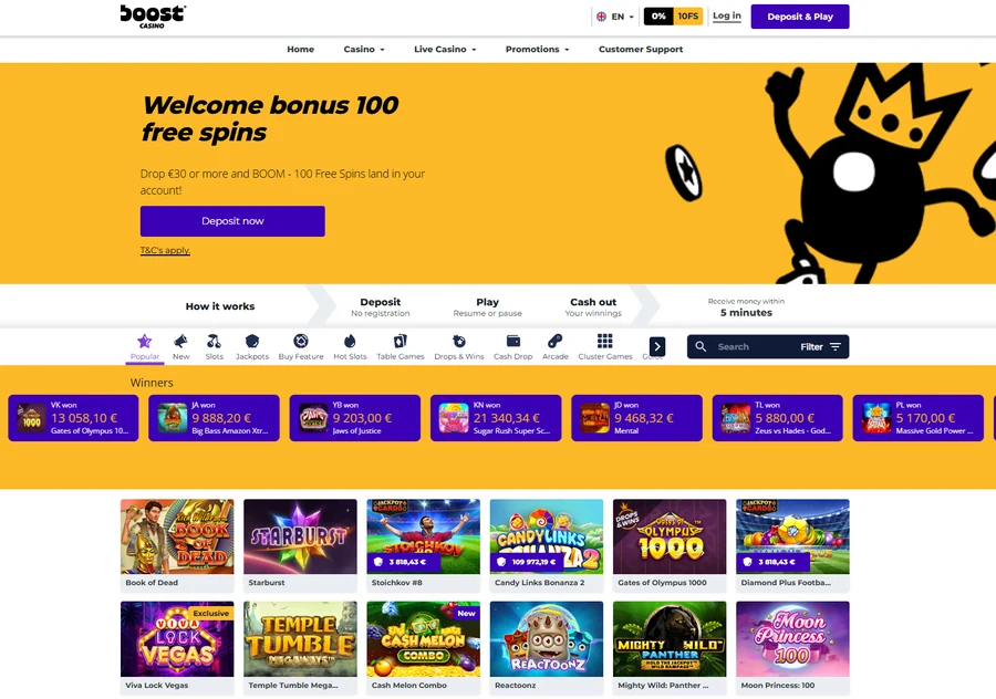 Boost Casino avaleht tervitusboonusega