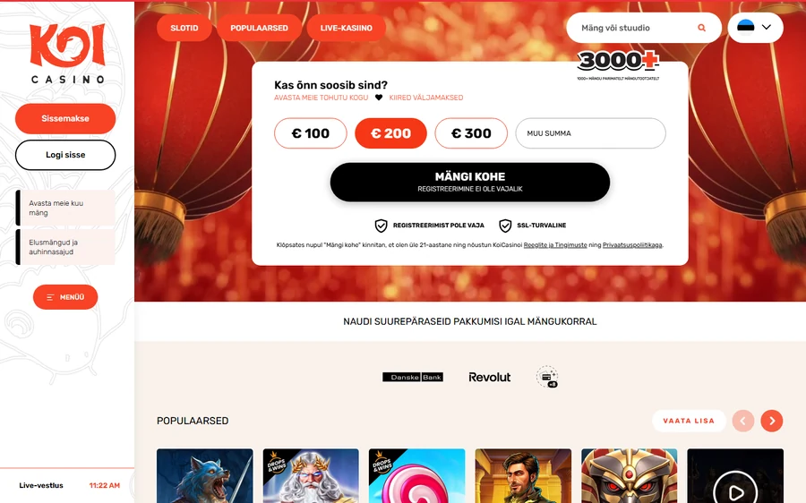 KoiCasino avaleht sissemakse summadega